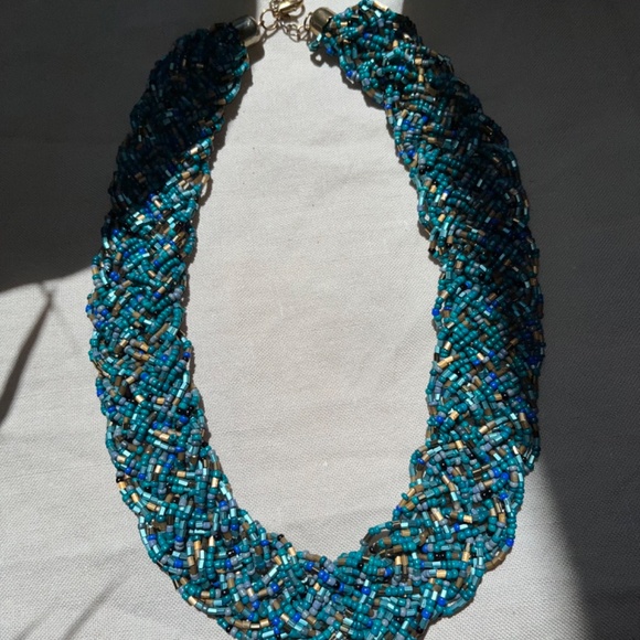 Collar-length blues & gold artisnal beaded necklace (18-20") - Picture 5 of 10